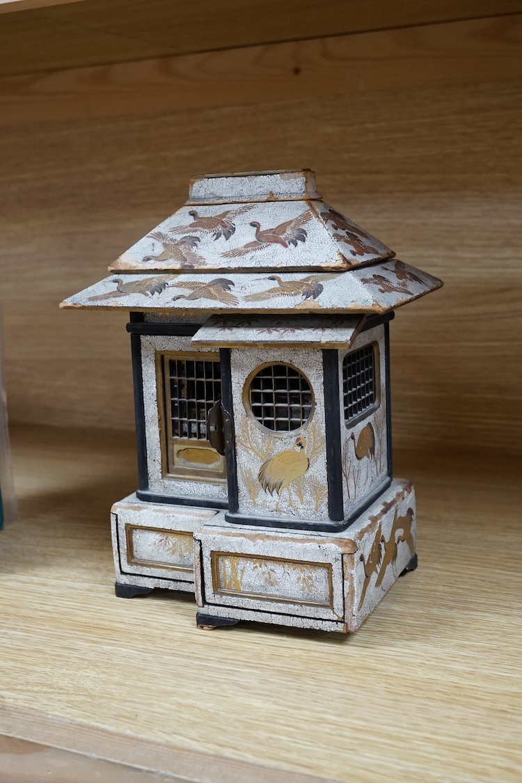 An early 20th century Japanese lacquer cabinet in the form of a temple, 23cm. Condition - fair